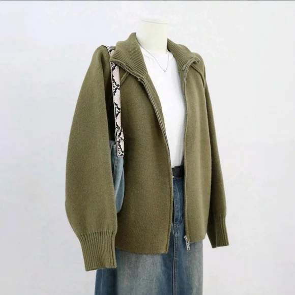 Zippered Mock Neck Cardigan ▪︎ Army Green ▪︎ LG - Picture 7 of 16
